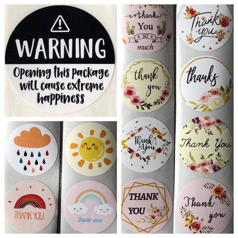 125 Stickers ~ Warning : Happiness (25) Thank You (100) ~ Brand New!